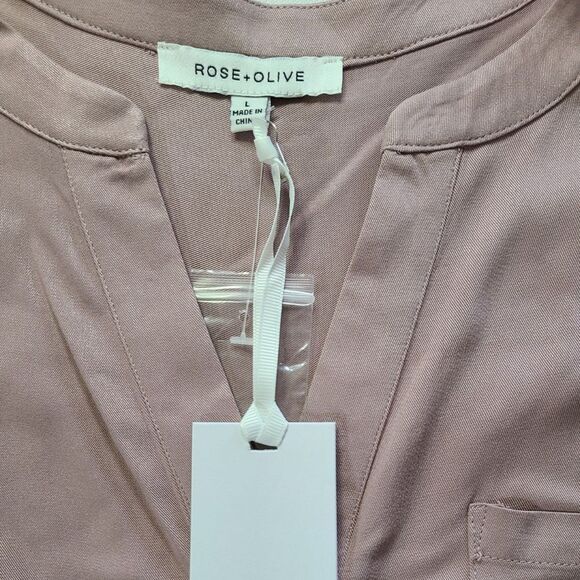 NWT Rose + Olive Mauve Blouse sz L Short Sleeve V-Neck High-Low Hem Lightweight - Picture 7 of 7